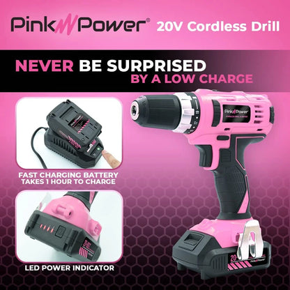 Pink Drill Set for Women 20V Cordless Drill Driver Tool Kit for Women Li-Ion Electric Drill, Power Drill W/Tool Bag, Battery, Charger & Bit Set - Lightweight Screwdriver Drill