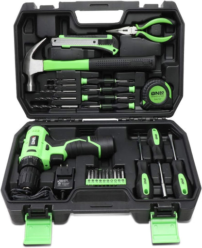 TOOLS-00018 Green 27 Pcs 12V Cordless Power Drill Driver Bit Set W/Charger+Screwdrivers+Pliers Home Repair Kit, Mint Green