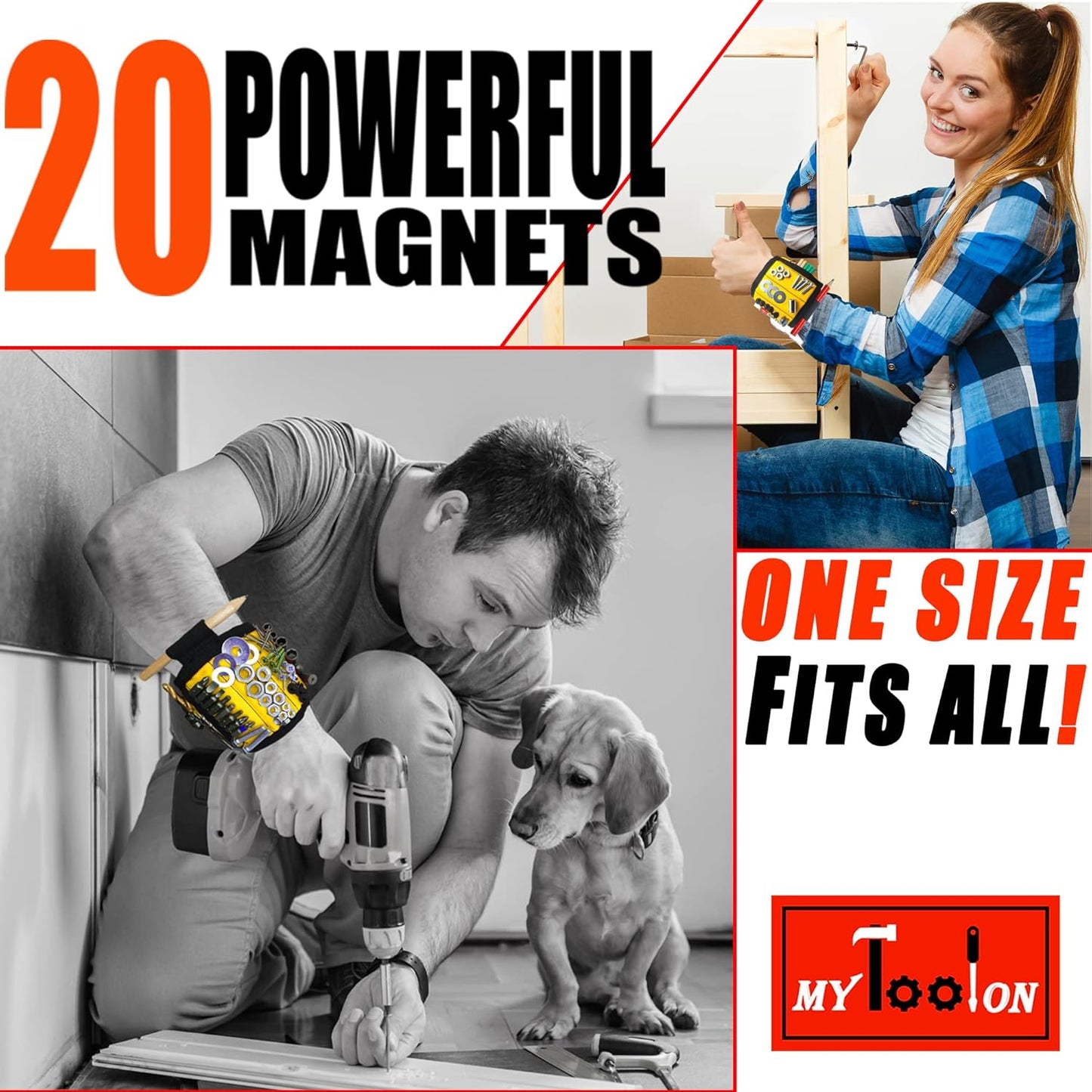 Magnetic Wristband with 20 Strong Magnets for Holding Screws, Nails, Drill Bits. Best Unique Tool Gift for Men, Father Dad, DIY Handyman, Husband, Boyfriend, Him, and Women, Yellow