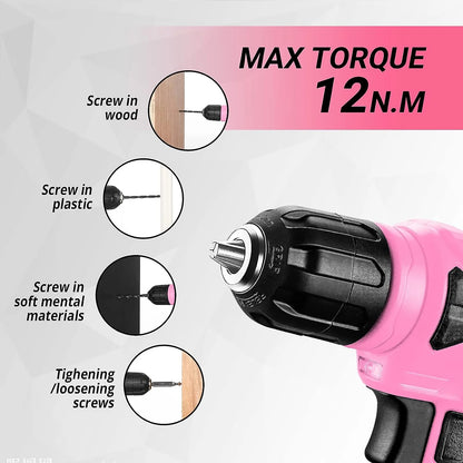 126Pcs Power Tool Set: 8V Pink Cordless Drill, Hand Tool Kits for Home Repair