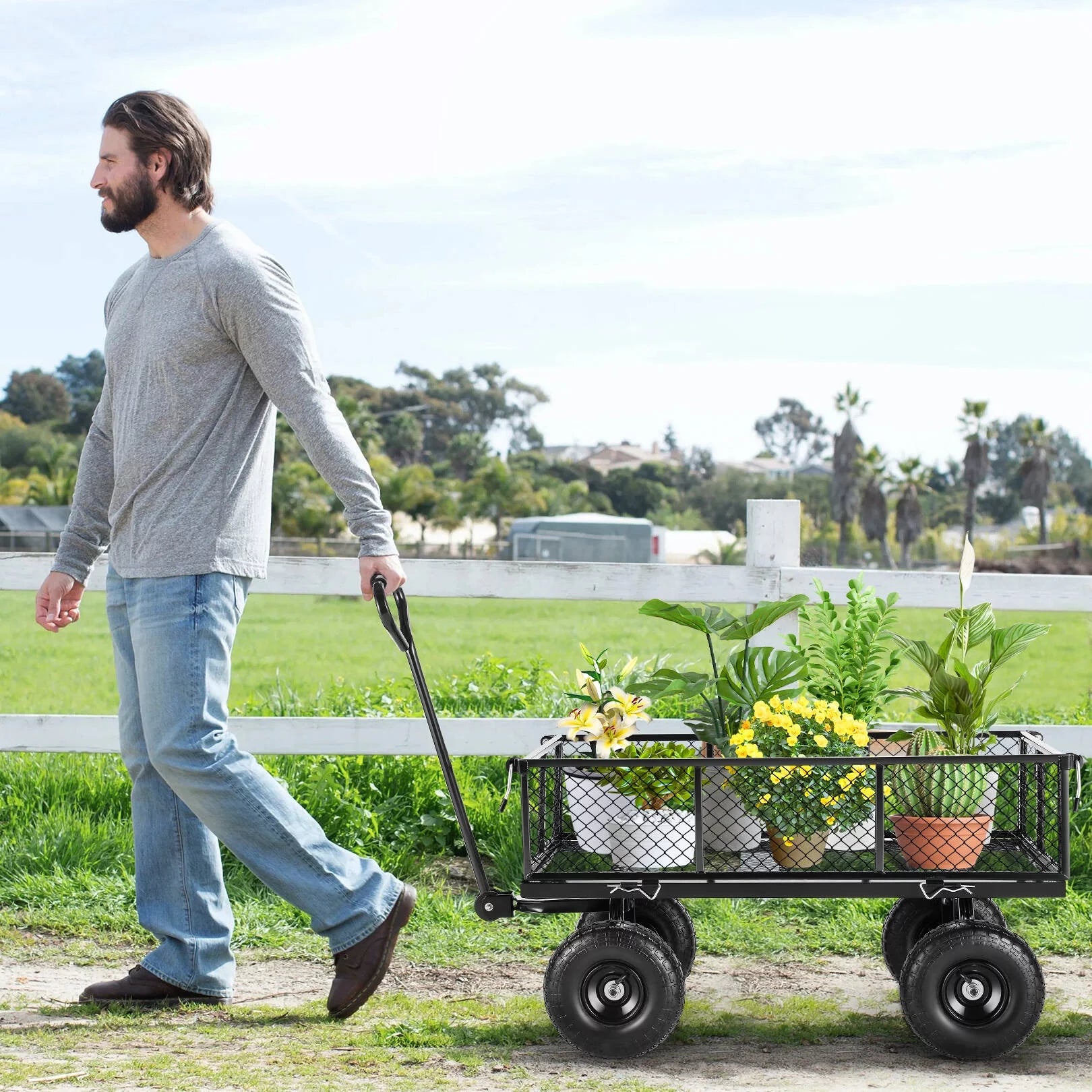 Steel Garden Cart, Heavy Duty 660 LBS Capacity, with Removable Mesh Sides to Convert into Flatbed, Utility Metal Wagon with 180° Rotating Handle and 10" Tires, Perfect for Garden, Farm, Yard