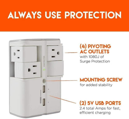 USB Wall Charger Surge Protector with 4 Pivoting AC Outlets & 2 USB Ports – Packs 1080 Joules of Surge Protection & Installs on Existing Outlets to Protect Gear (2 Pack)