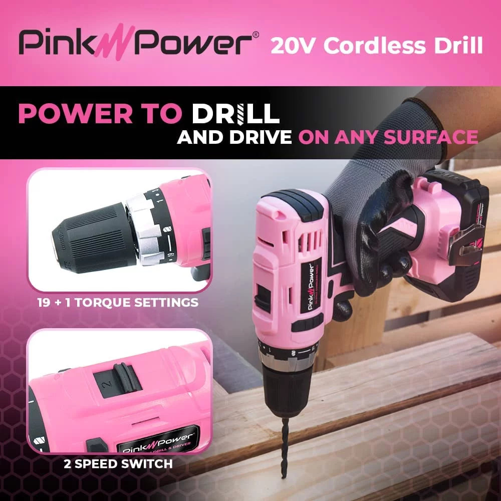 Pink Drill Set for Women 20V Cordless Drill Driver Tool Kit for Women Li-Ion Electric Drill, Power Drill W/Tool Bag, Battery, Charger & Bit Set - Lightweight Screwdriver Drill