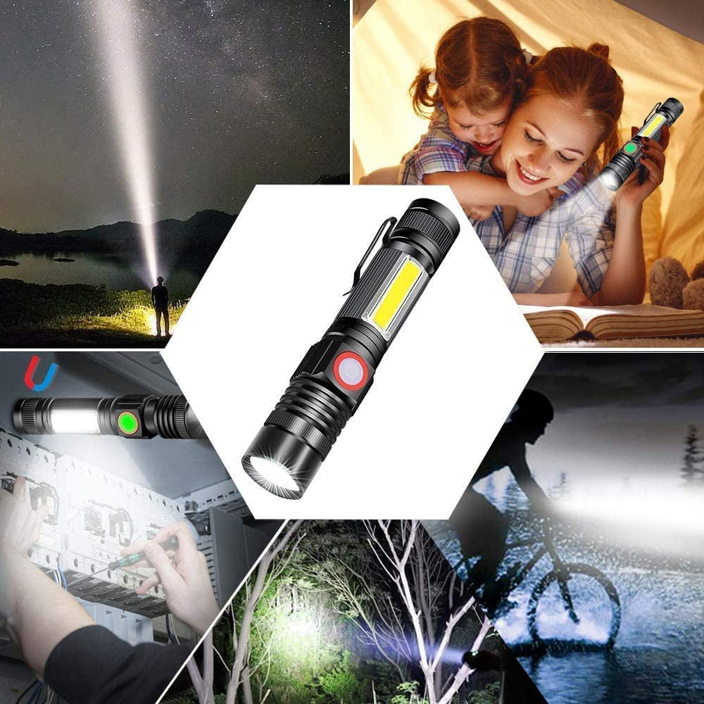 Flashlight USB Rechargeable, Magnetic LED Flashlight, Super Bright Tactical Flashlight with Cob Sidelight, 2000LM, Waterproof, Zoomable Best Small Flashlight for Camping, Emergency Flashlight