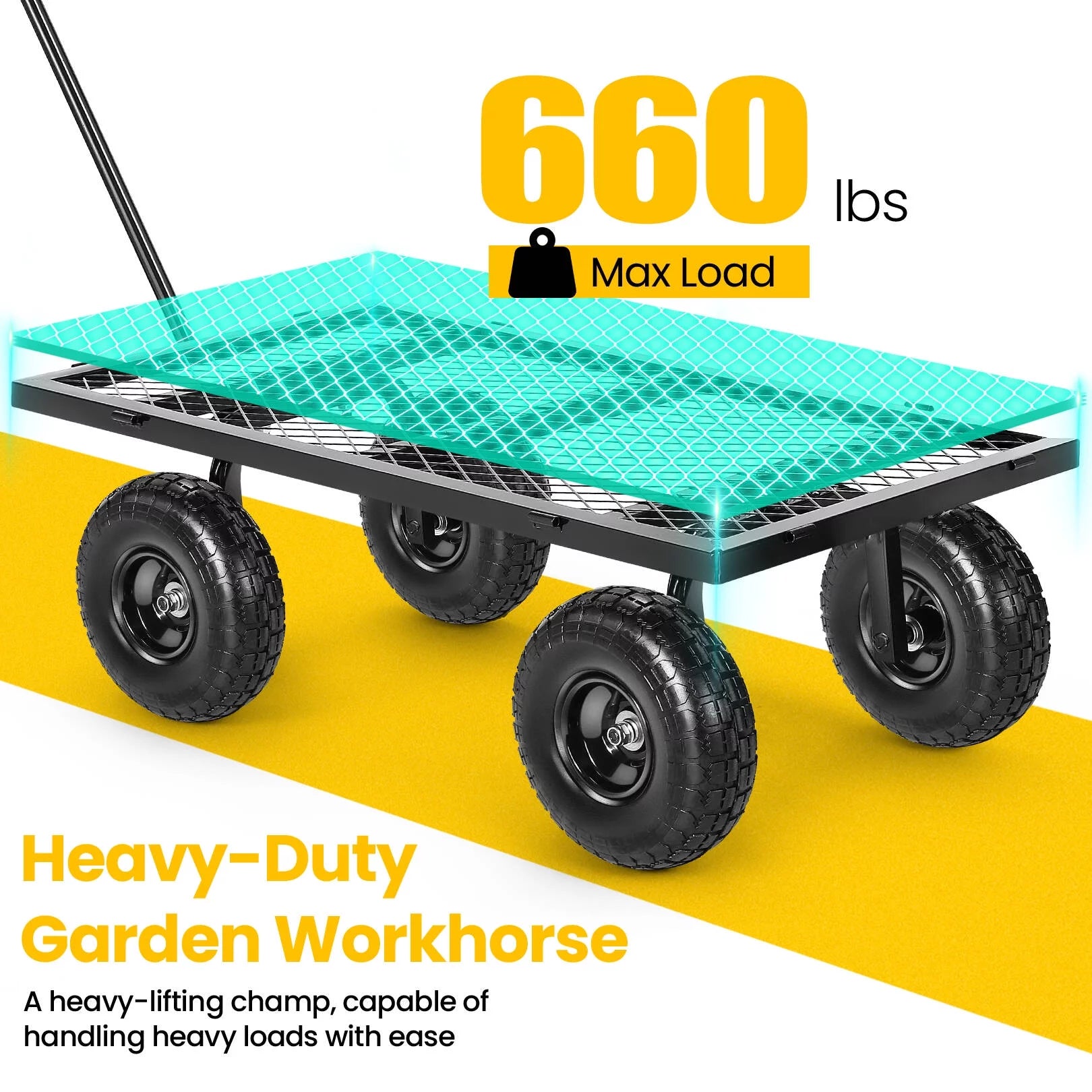 Steel Garden Cart, Heavy Duty 660 LBS Capacity, with Removable Mesh Sides to Convert into Flatbed, Utility Metal Wagon with 180° Rotating Handle and 10" Tires, Perfect for Garden, Farm, Yard