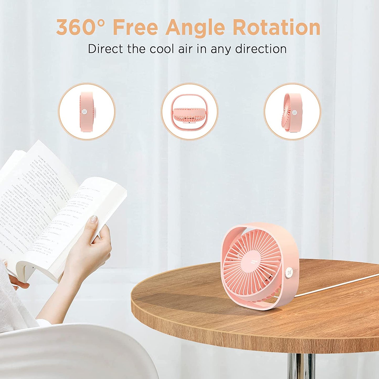 USB Desk Fan, 3 Speeds Mini USB Fan[Small Silent Pink Desk Fan] USB Portable Powered Fan, 360°Rotatable Personal Desktop Table Fan Travel Fan for Desk Home Bedroom Office, Pink (No Battery)