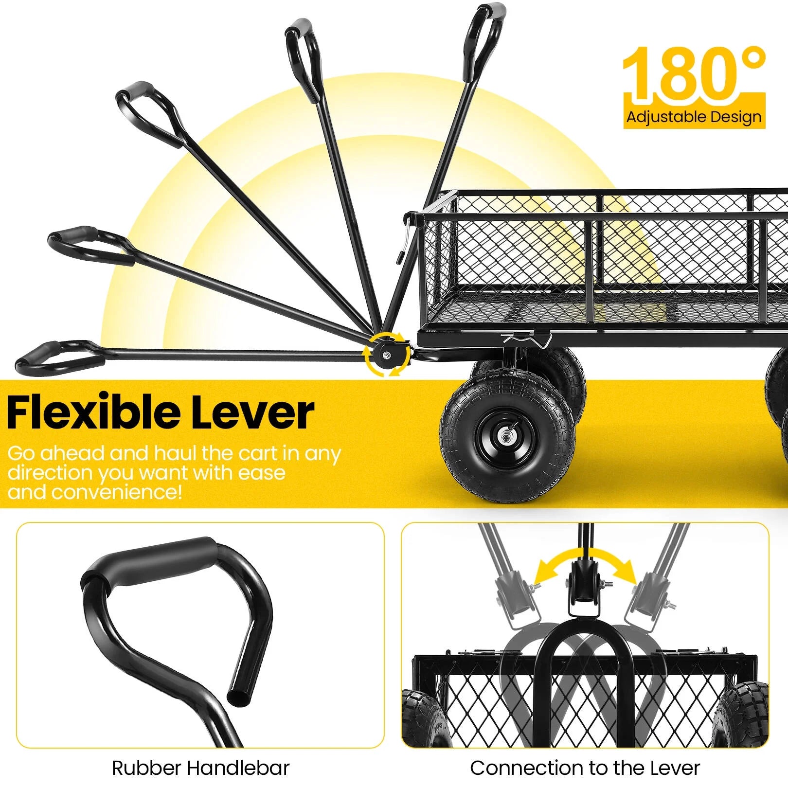 Steel Garden Cart, Heavy Duty 660 LBS Capacity, with Removable Mesh Sides to Convert into Flatbed, Utility Metal Wagon with 180° Rotating Handle and 10" Tires, Perfect for Garden, Farm, Yard