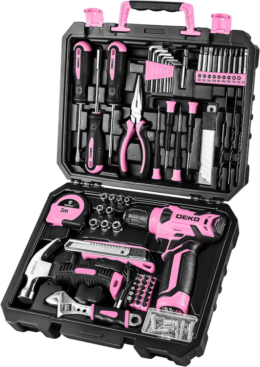 126Pcs Power Tool Set: 8V Pink Cordless Drill, Hand Tool Kits for Home Repair