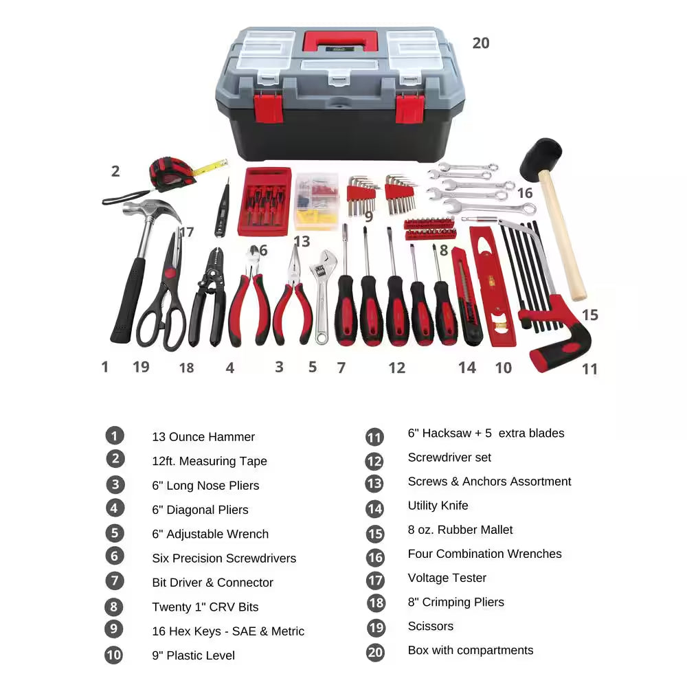 Household Tool Kit with 16.5 In. Tool Box Red (170-Piece)