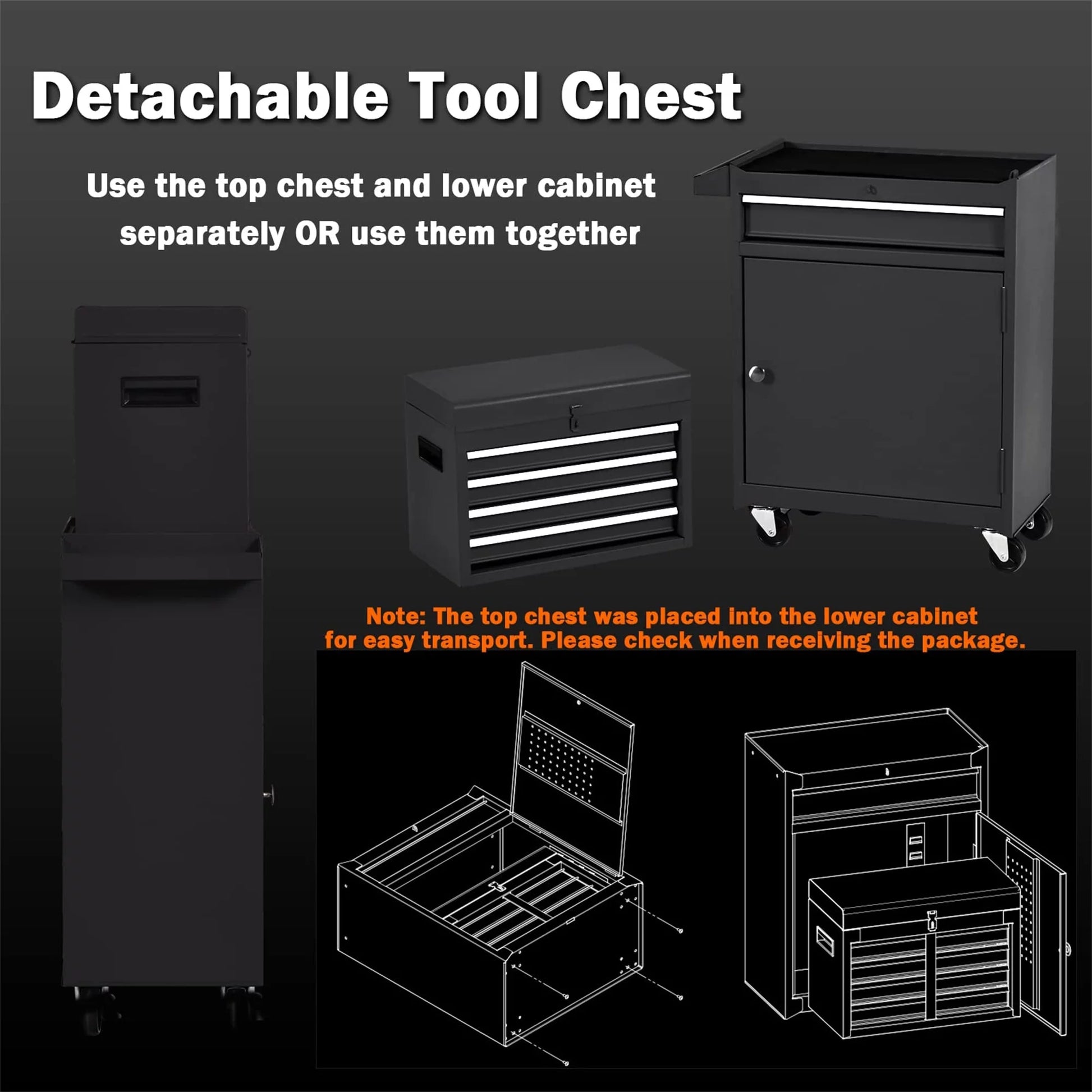 Tool Chest, 2 in 1 Steel Rolling Tool Box & Cabinet on Wheels for Garage, 5-Drawer, Black