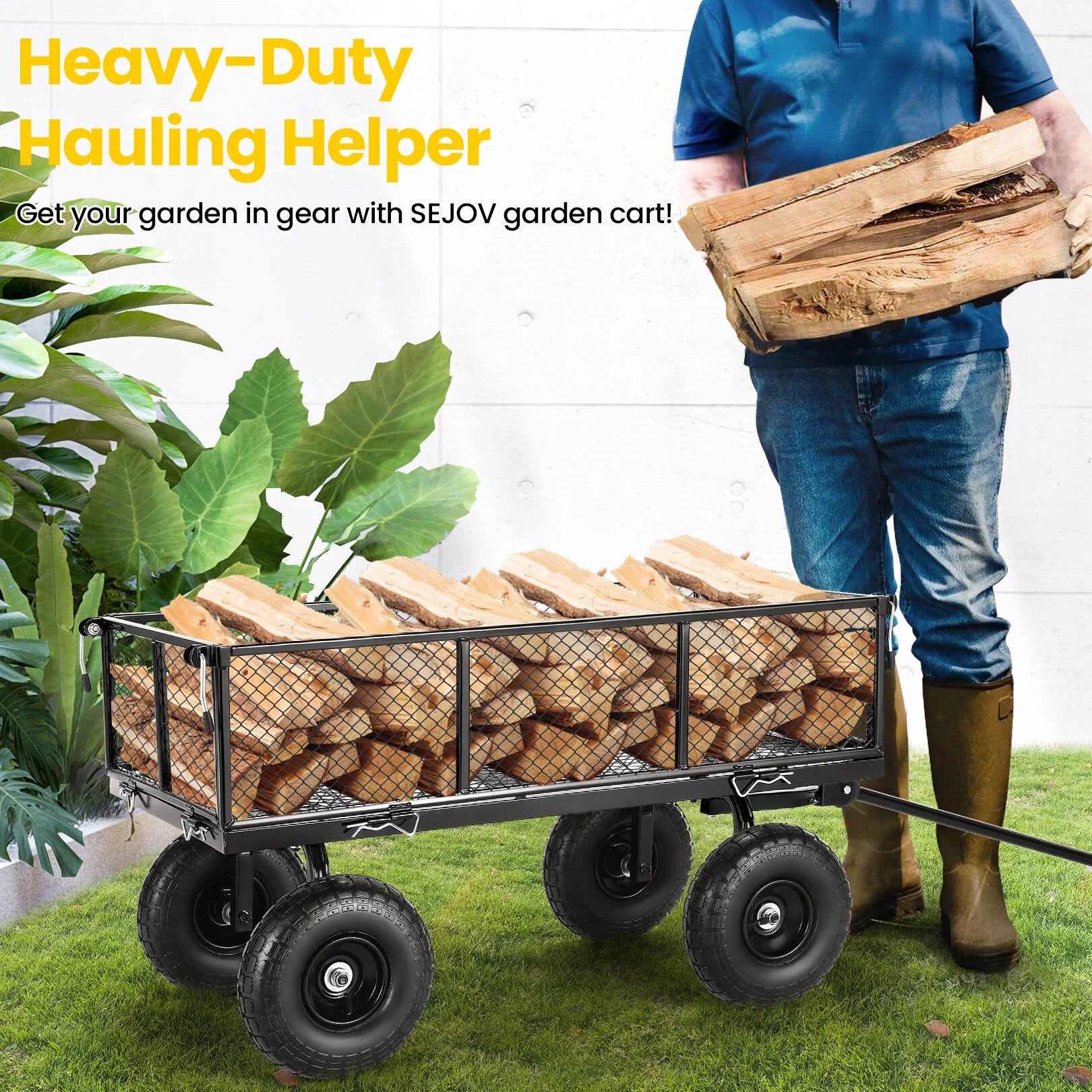 Steel Garden Cart, Heavy Duty 660 LBS Capacity, with Removable Mesh Sides to Convert into Flatbed, Utility Metal Wagon with 180° Rotating Handle and 10" Tires, Perfect for Garden, Farm, Yard