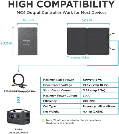 Ecoflow 60W Portable Solar Panel for Power Station, Foldable Solar Charger with Adjustable Kickstand, Waterproof IP67 for Outdoor Camping,Rv,Off Grid System