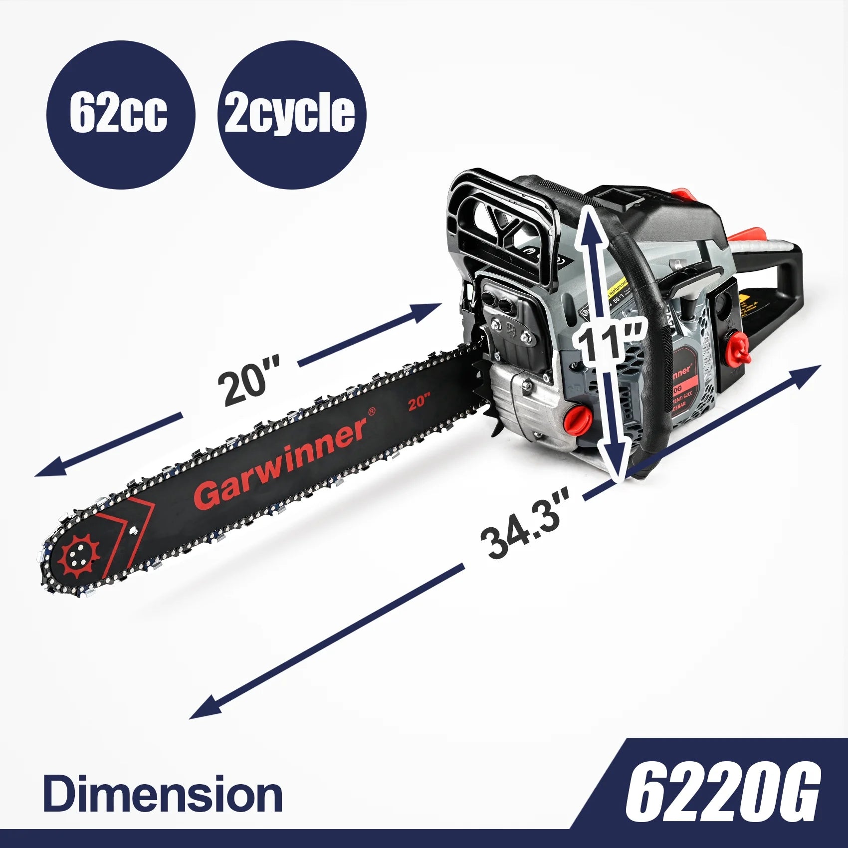 Gas Chainsaw 20'' 2-Stroke 62CC Cordless Chainsaw 6220G for Farm, Garden and Ranch for Cutting Wood