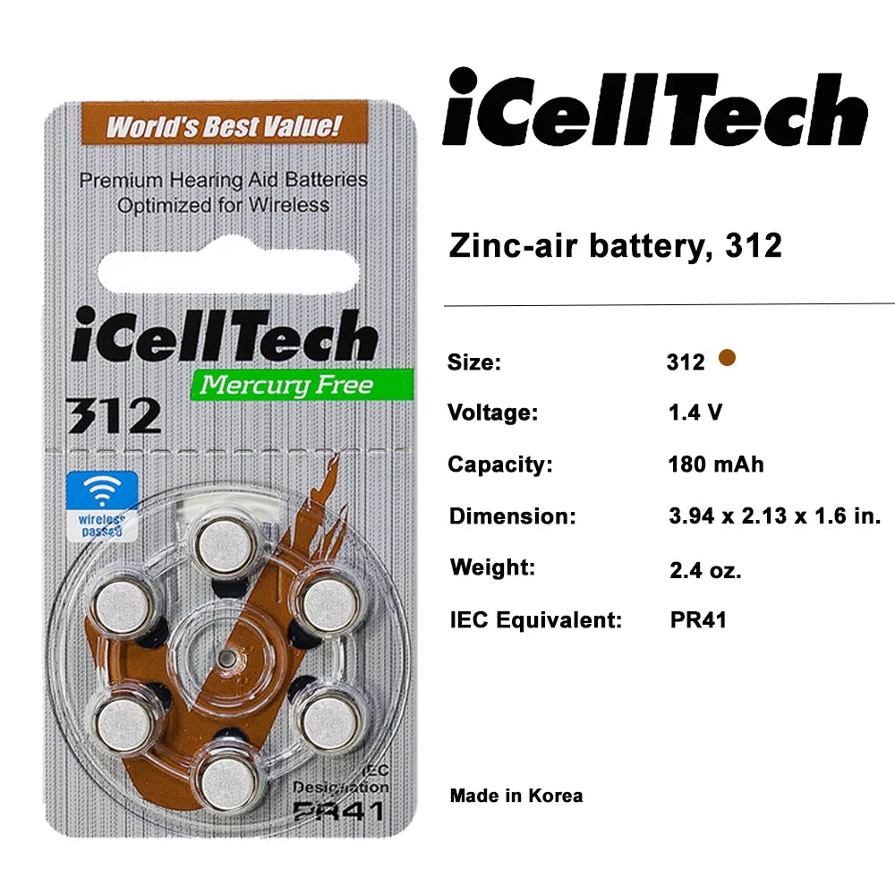 10 Packs (60 Batteries)  Size 312 Hearing Aid Batteries! 60 Batteries