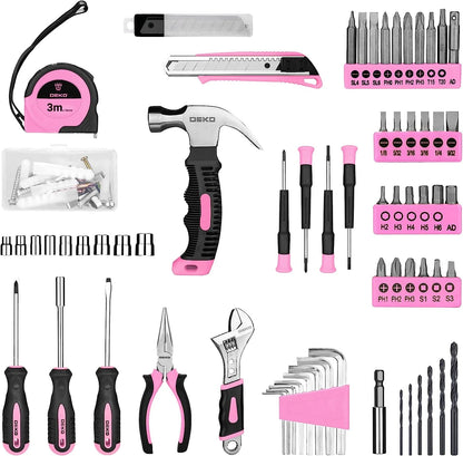 126Pcs Power Tool Set: 8V Pink Cordless Drill, Hand Tool Kits for Home Repair