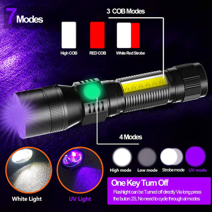 Black Light UV Flashlight Rechargeable, 3In1 Super Bright Tactical Flashlights LED UV Black Light &Redlight, 2000Lumen 7Modes, Zoomable, Waterproof Pocket Flashlight for Pet Stains Detection,Camping