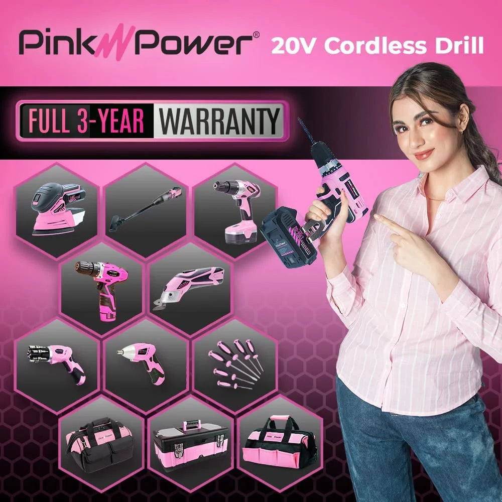 Pink Drill Set for Women 20V Cordless Drill Driver Tool Kit for Women Li-Ion Electric Drill, Power Drill W/Tool Bag, Battery, Charger & Bit Set - Lightweight Screwdriver Drill