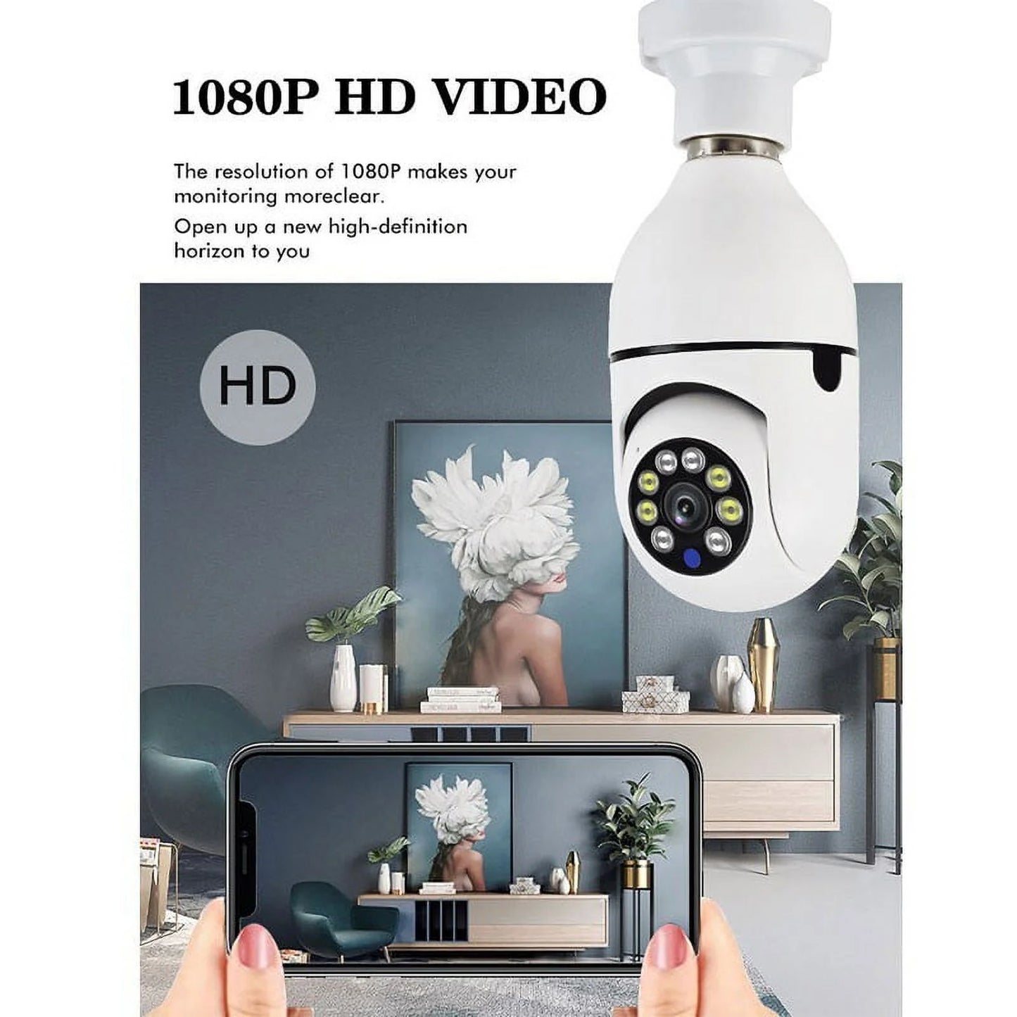 Wireless Security Camera, WIFI IP Camera, E27 Light Bulb 1080P HD Security Monitor Cam with Infrared Night Vision, White (Supports Only 2.4Ghz Wi-Fi)