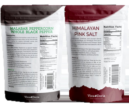 Malabar Peppercorn (Whole Black Pepper) 12 Oz and Himalayan Pink Salt (Coarse Grain) 2 Lb for Grinder Refills