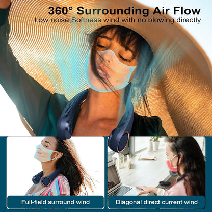 Neck Fan: Portable Personal Neck Cooling Rechargeable Bladeless Fan - Hands Free 3 Speed 4000 Mah Battery USB Operated Wearable Headphone Design - for Men Women Outdoor Indoor Dark Blue