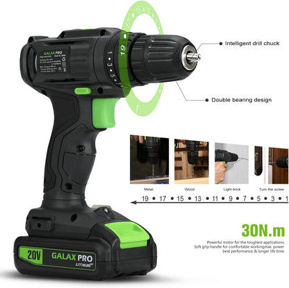 2-Speed Drill 20V MAX Lithium-Ion Drill/Driver, 3/8'' Electric Drill with 19+1 Torque Setting, 68 Pieces Accessories Ideal for Home Improvement and DIY Project