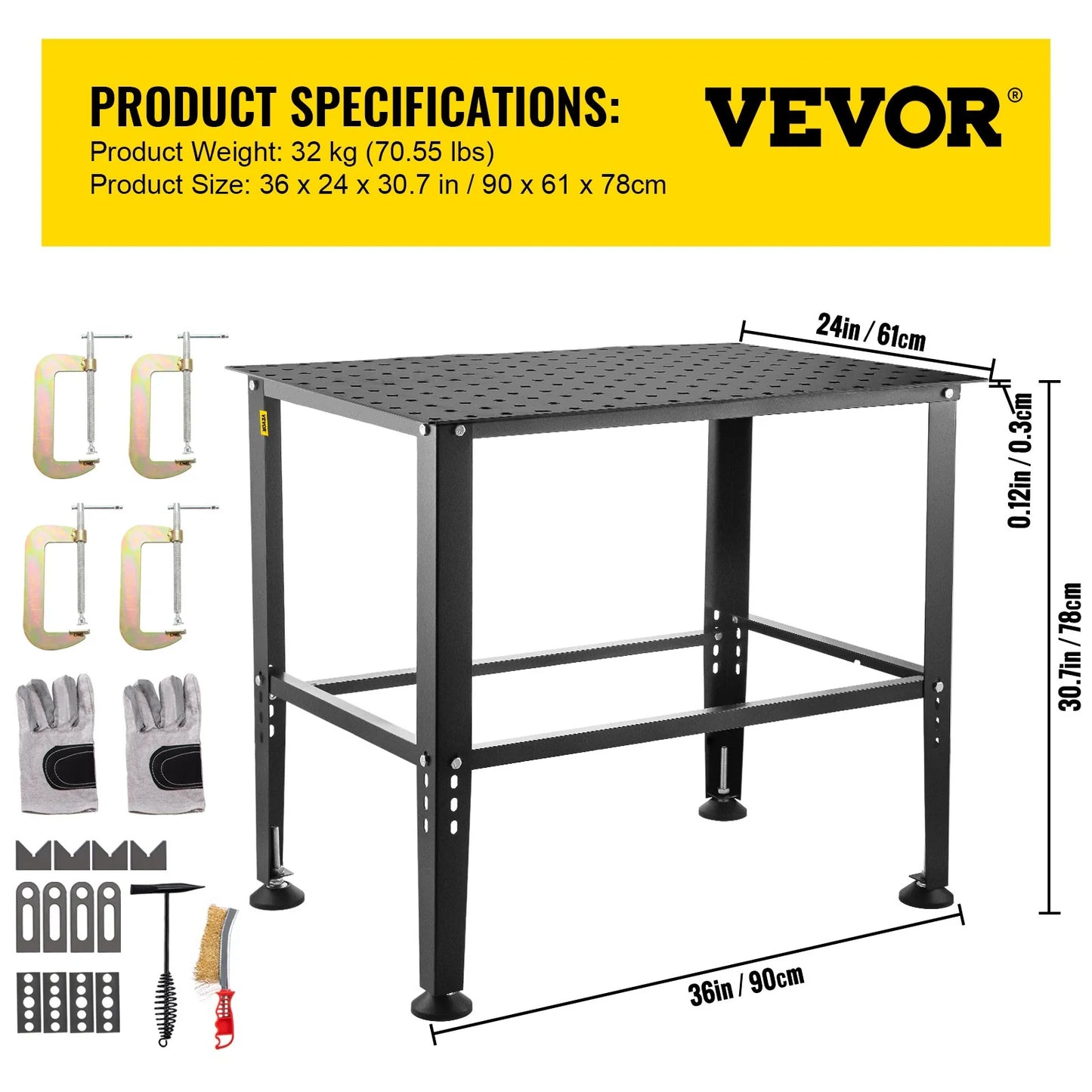 VEVOR Welding Table, 36" X 24" Adjustable Workbench, 0.12" Thick Industrial Workbench, 600Lb Load Capacity Metal Workbench, Heavy Duty Carbon Steel Welding Table, Gray Steel Work Table W/ Accessories