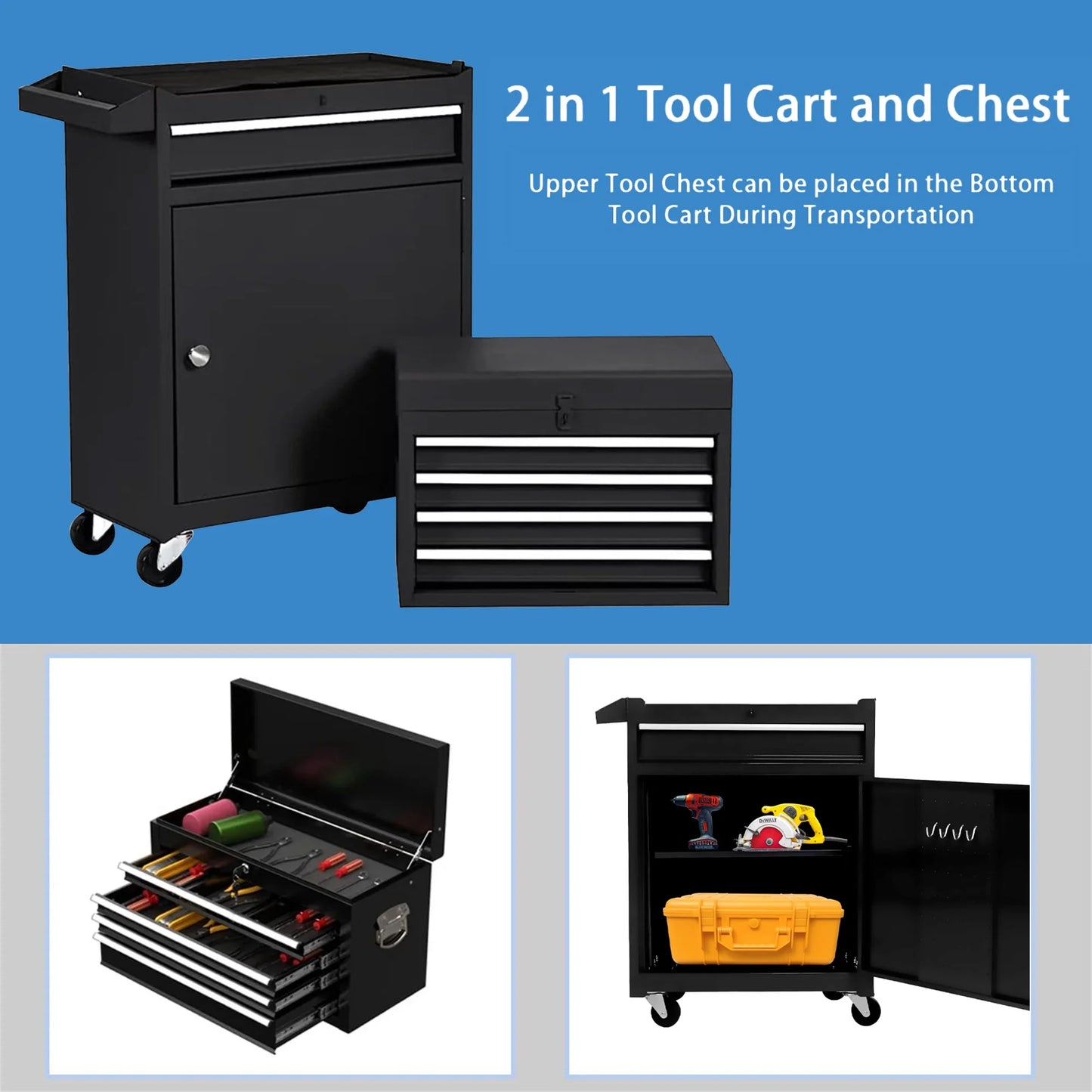 Tool Chest, 2 in 1 Steel Rolling Tool Box & Cabinet on Wheels for Garage, 5-Drawer, Black