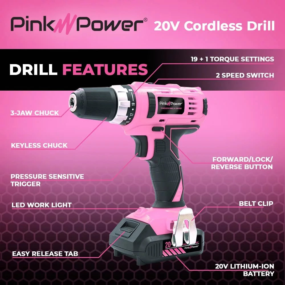 Pink Drill Set for Women 20V Cordless Drill Driver Tool Kit for Women Li-Ion Electric Drill, Power Drill W/Tool Bag, Battery, Charger & Bit Set - Lightweight Screwdriver Drill