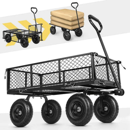 Steel Garden Cart, Heavy Duty 660 LBS Capacity, with Removable Mesh Sides to Convert into Flatbed, Utility Metal Wagon with 180° Rotating Handle and 10" Tires, Perfect for Garden, Farm, Yard