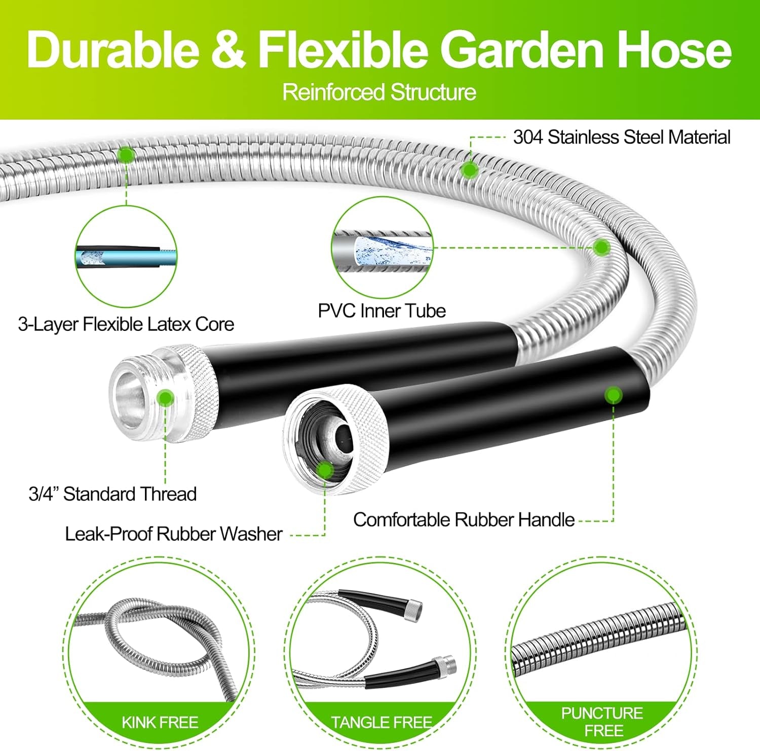 10Ft Metal Garden Hose, Heavy Duty 304 Stainless Steel Water Hose Extension, Flexible, Lightweight, Kink & Tangle Free, Rust Proof, High Pressure, Easy to Store for Yard, Outdoor, Rv(No Nozzle)