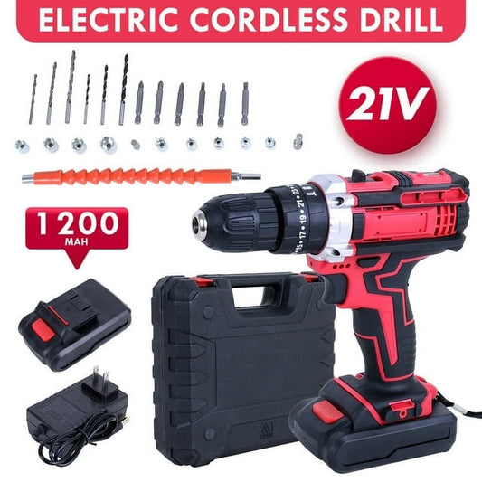 21V Power Drill Cordless Drill, Hammer Drill Cordless with 27 Pcs Accessories, 25+1 Variable Speed Trigger 3/8" Keyless Chuck 1200Mah Lithium-Ion Battery & Toolboxes, Drill Kit for Home