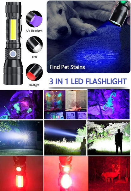 Black Light UV Flashlight Rechargeable, 3In1 Super Bright Tactical Flashlights LED UV Black Light &Redlight, 2000Lumen 7Modes, Zoomable, Waterproof Pocket Flashlight for Pet Stains Detection,Camping