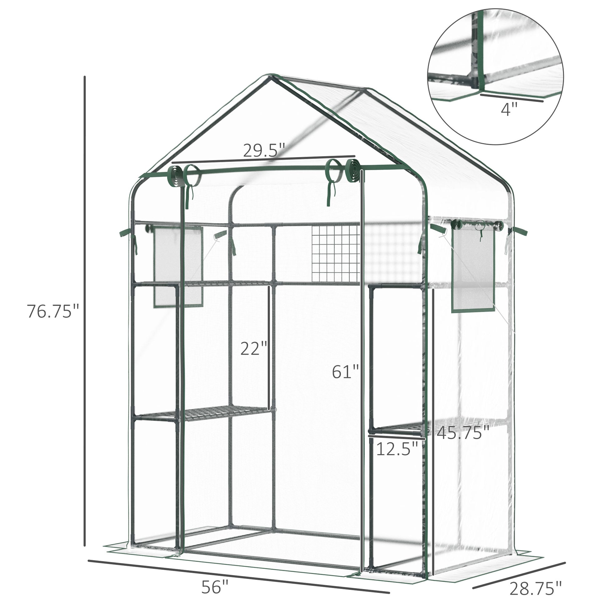 56" X 29" X 77" Small Walk-In Greenhouse W/3 Tier Shleves, Windows