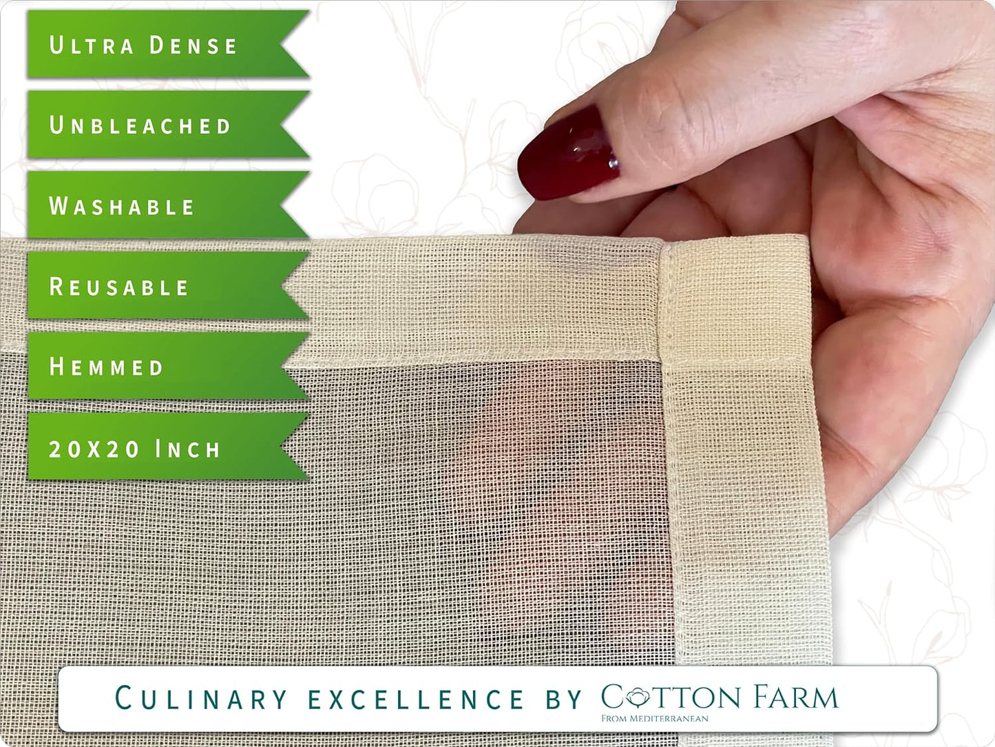 Cotton Farm Hemmed Cheese Cloths, Grade 100, 20X20 Inch, Precut, Ready to Use, Muslin Cheesecloth for Straining and Cooking, 100% Unbleached Cotton, Ultra Fine and Dense, Reusable, Washable