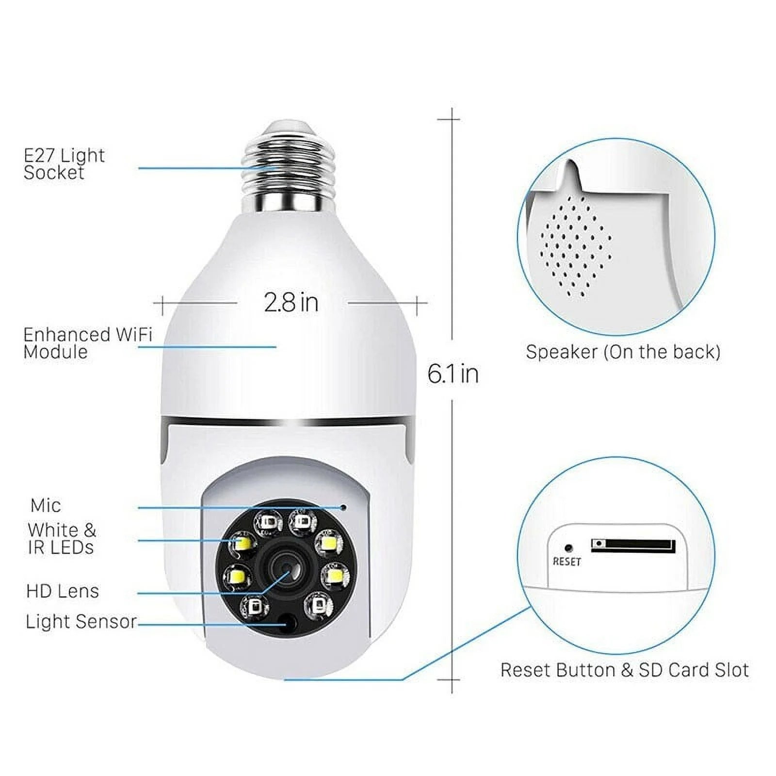 Wireless Security Camera, WIFI IP Camera, E27 Light Bulb 1080P HD Security Monitor Cam with Infrared Night Vision, White (Supports Only 2.4Ghz Wi-Fi)