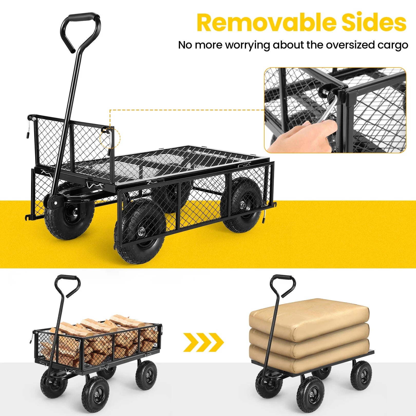 Steel Garden Cart, Heavy Duty 660 LBS Capacity, with Removable Mesh Sides to Convert into Flatbed, Utility Metal Wagon with 180° Rotating Handle and 10" Tires, Perfect for Garden, Farm, Yard