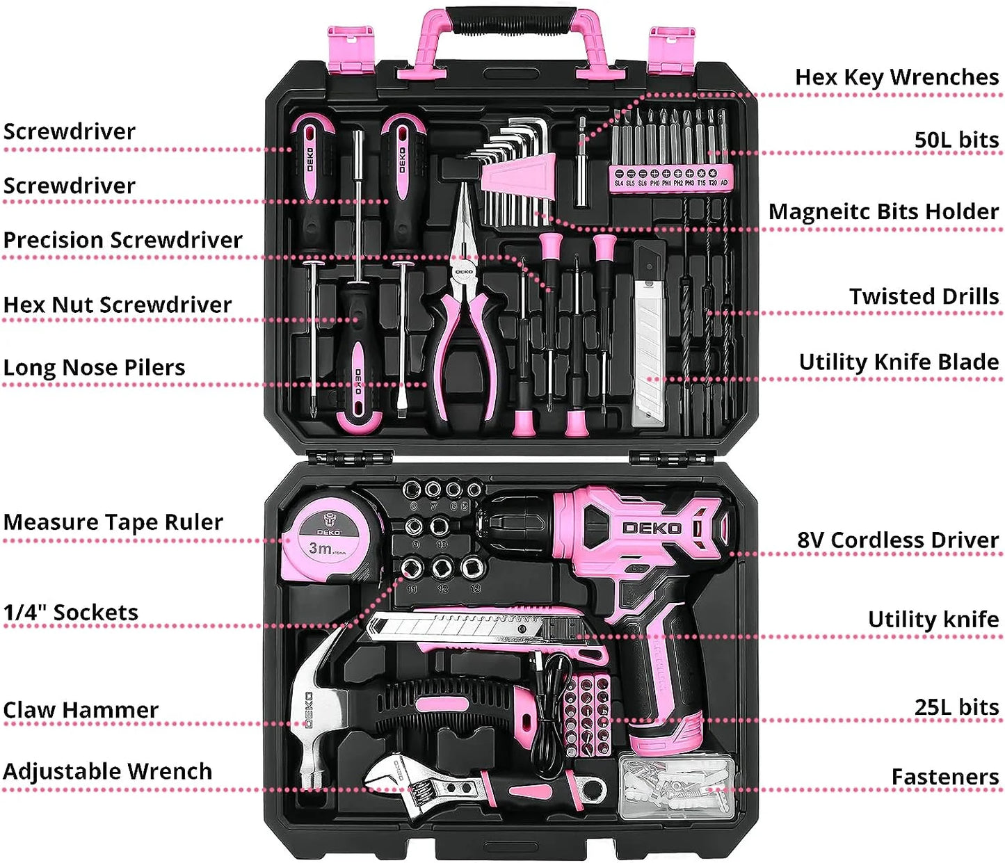 126Pcs Power Tool Set: 8V Pink Cordless Drill, Hand Tool Kits for Home Repair