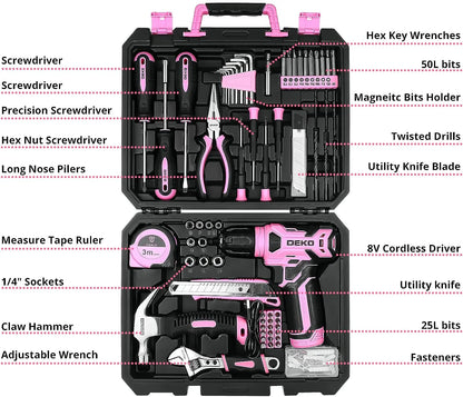 126Pcs Power Tool Set: 8V Pink Cordless Drill, Hand Tool Kits for Home Repair