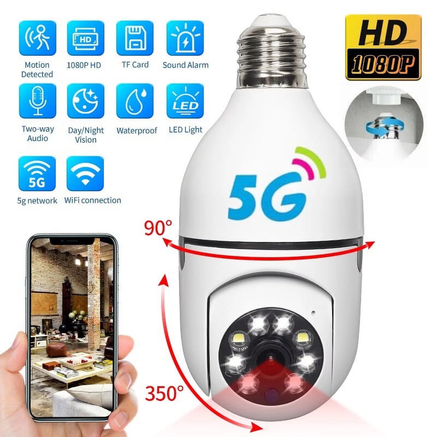 5G Wifi Surveillance Camera, E27 Light Bulb Camera, Wireless Waterproof IP65, Automatic Human Tracking Night Vision Security Camer