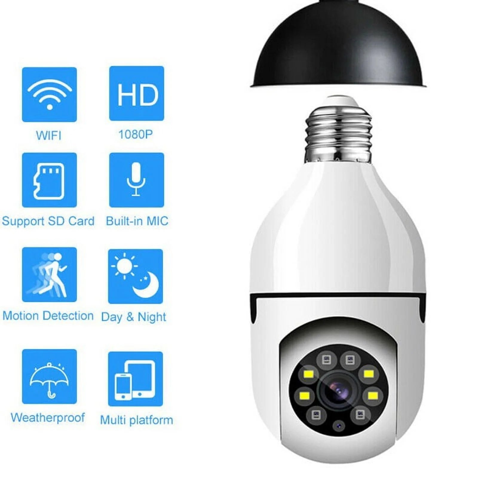 Wireless Security Camera, WIFI IP Camera, E27 Light Bulb 1080P HD Security Monitor Cam with Infrared Night Vision, White (Supports Only 2.4Ghz Wi-Fi)