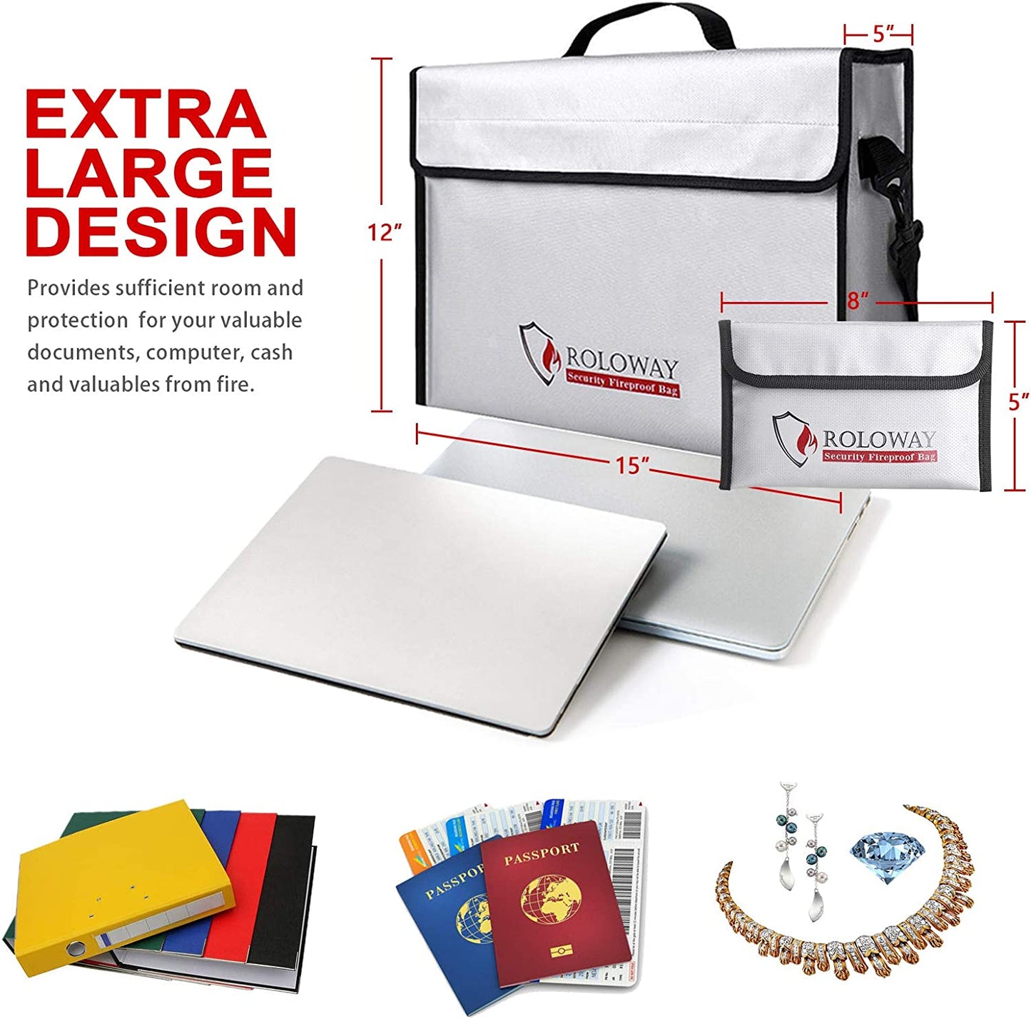 Fireproof Document & Money Bags, Large Fireproof & Water Resistant Bag (15 X 12 X 5 Inches), Fireproof Folder Safe Bag for Cash, Valuables & Passport, with Silicone Coating & Zipper Closure