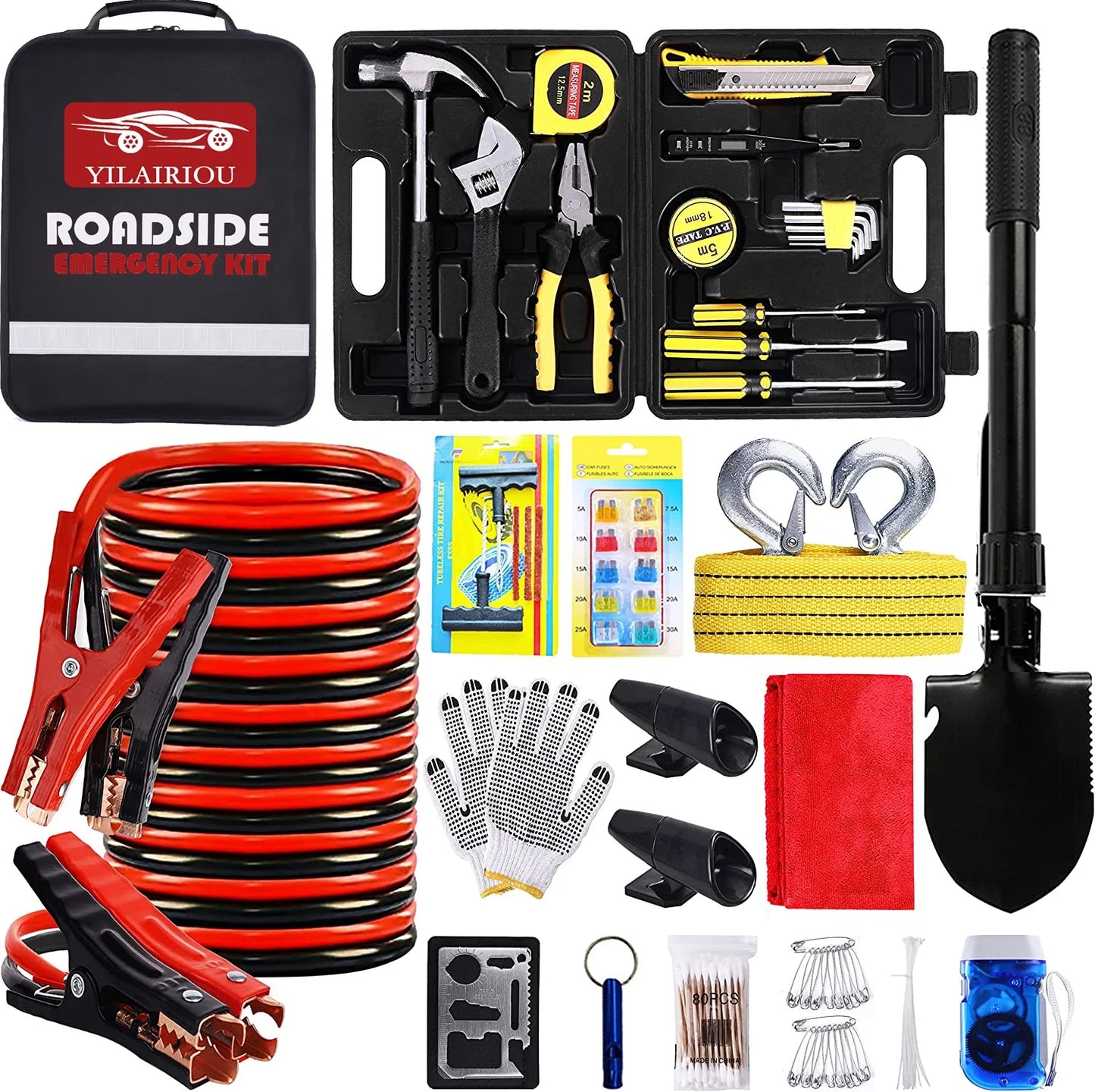 Car Emergency Roadside Kit - Auto Vehicle Safety Road Side Assistance Kits Jumper Cables Set