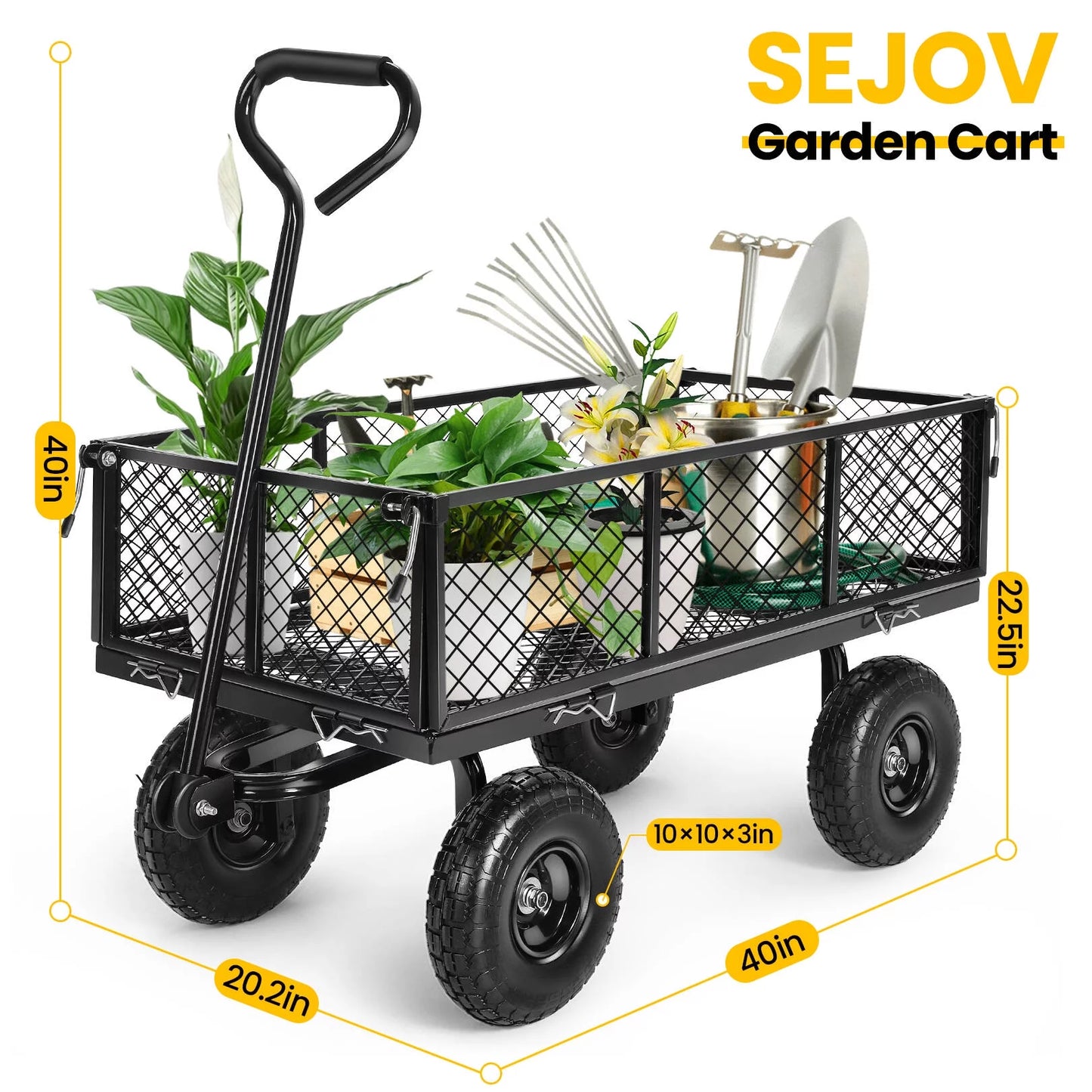 Steel Garden Cart, Heavy Duty 660 LBS Capacity, with Removable Mesh Sides to Convert into Flatbed, Utility Metal Wagon with 180° Rotating Handle and 10" Tires, Perfect for Garden, Farm, Yard