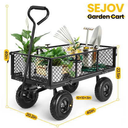 Steel Garden Cart, Heavy Duty 660 LBS Capacity, with Removable Mesh Sides to Convert into Flatbed, Utility Metal Wagon with 180° Rotating Handle and 10" Tires, Perfect for Garden, Farm, Yard