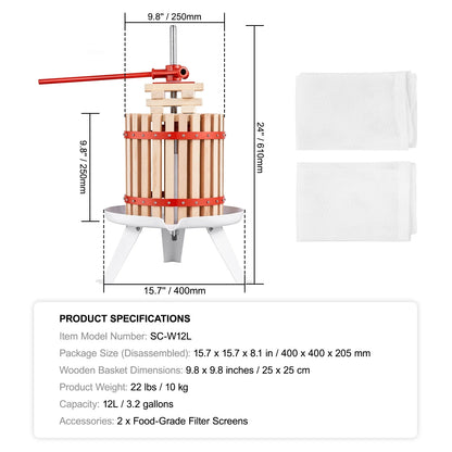 Fruit Wine Press Manual Press for Wine Making 3.2Gal/12L Solid Wood Basket