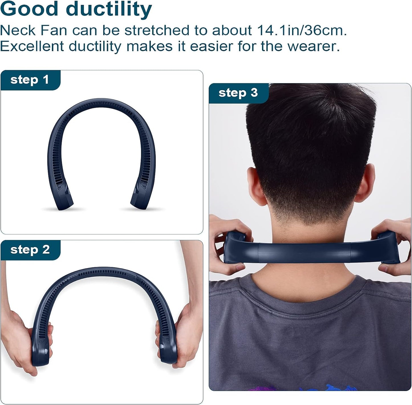 Neck Fan: Portable Personal Neck Cooling Rechargeable Bladeless Fan - Hands Free 3 Speed 4000 Mah Battery USB Operated Wearable Headphone Design - for Men Women Outdoor Indoor Dark Blue