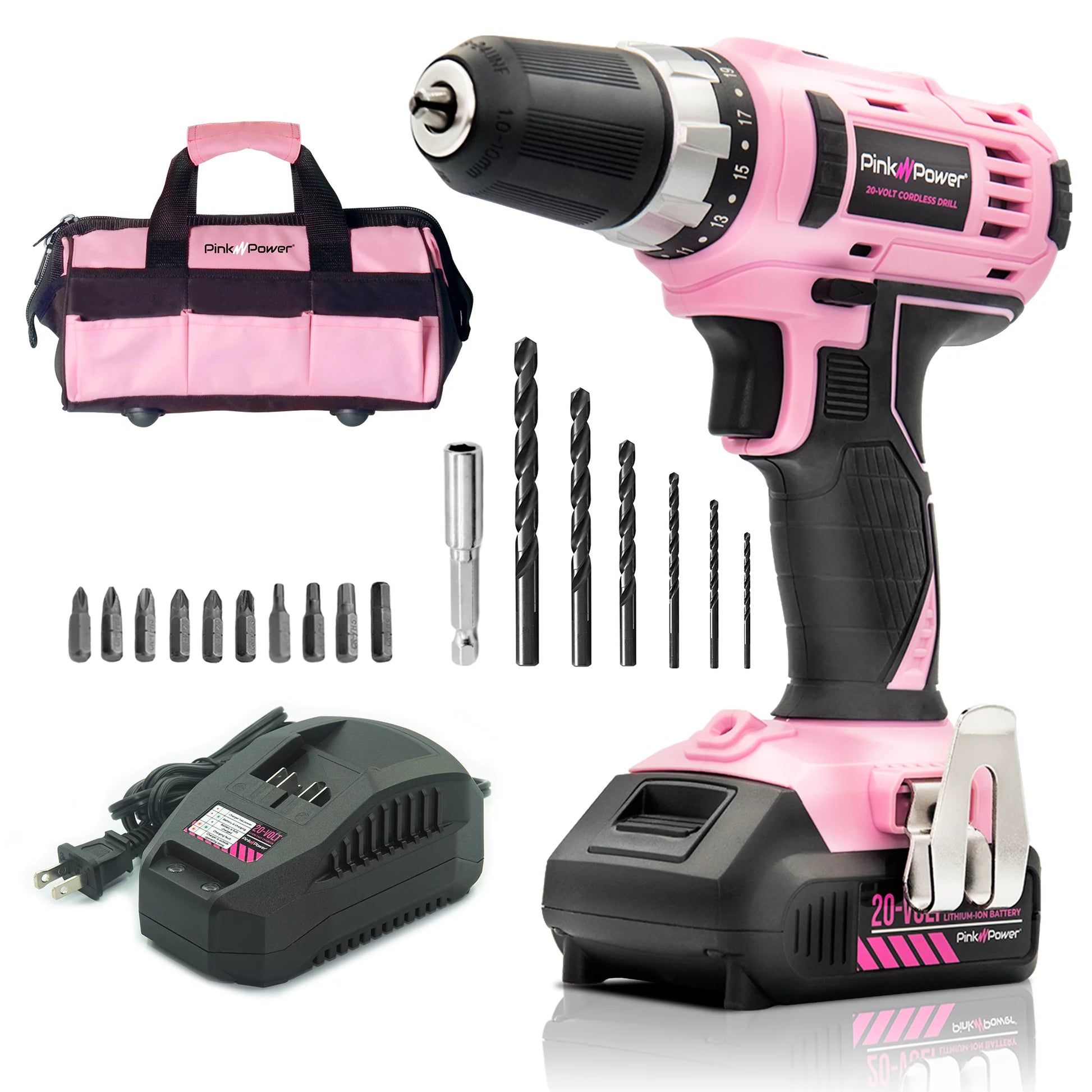 Pink Drill Set for Women 20V Cordless Drill Driver Tool Kit for Women Li-Ion Electric Drill, Power Drill W/Tool Bag, Battery, Charger & Bit Set - Lightweight Screwdriver Drill