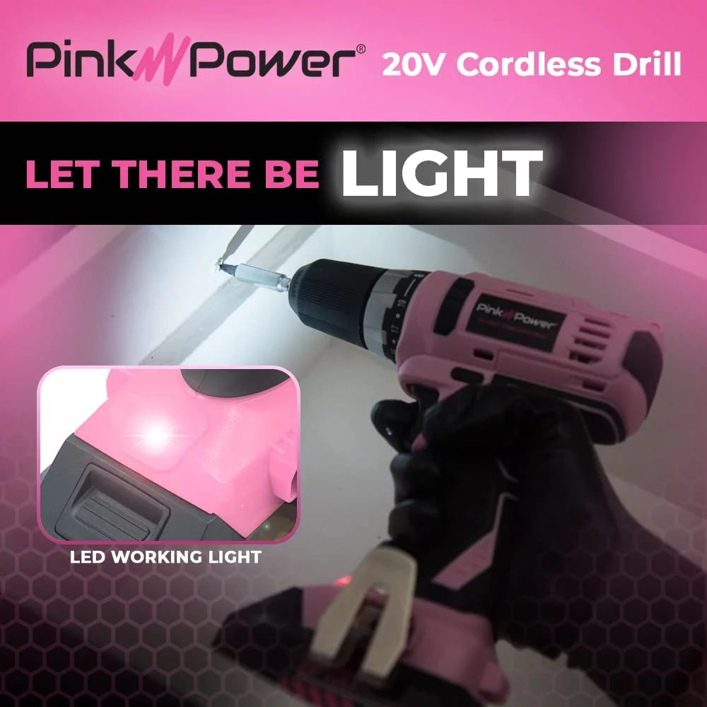 Pink Drill Set for Women 20V Cordless Drill Driver Tool Kit for Women Li-Ion Electric Drill, Power Drill W/Tool Bag, Battery, Charger & Bit Set - Lightweight Screwdriver Drill