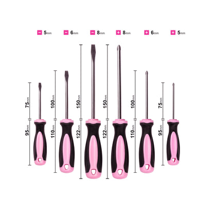 Magnetic Screwdriver Set - 6 Piece Phillips Head and Flat Head Hand Pink Tool Set for Women & Ladies - Insulated Screwdriver Kit with Magnetic Tip - Screw Drivers Set