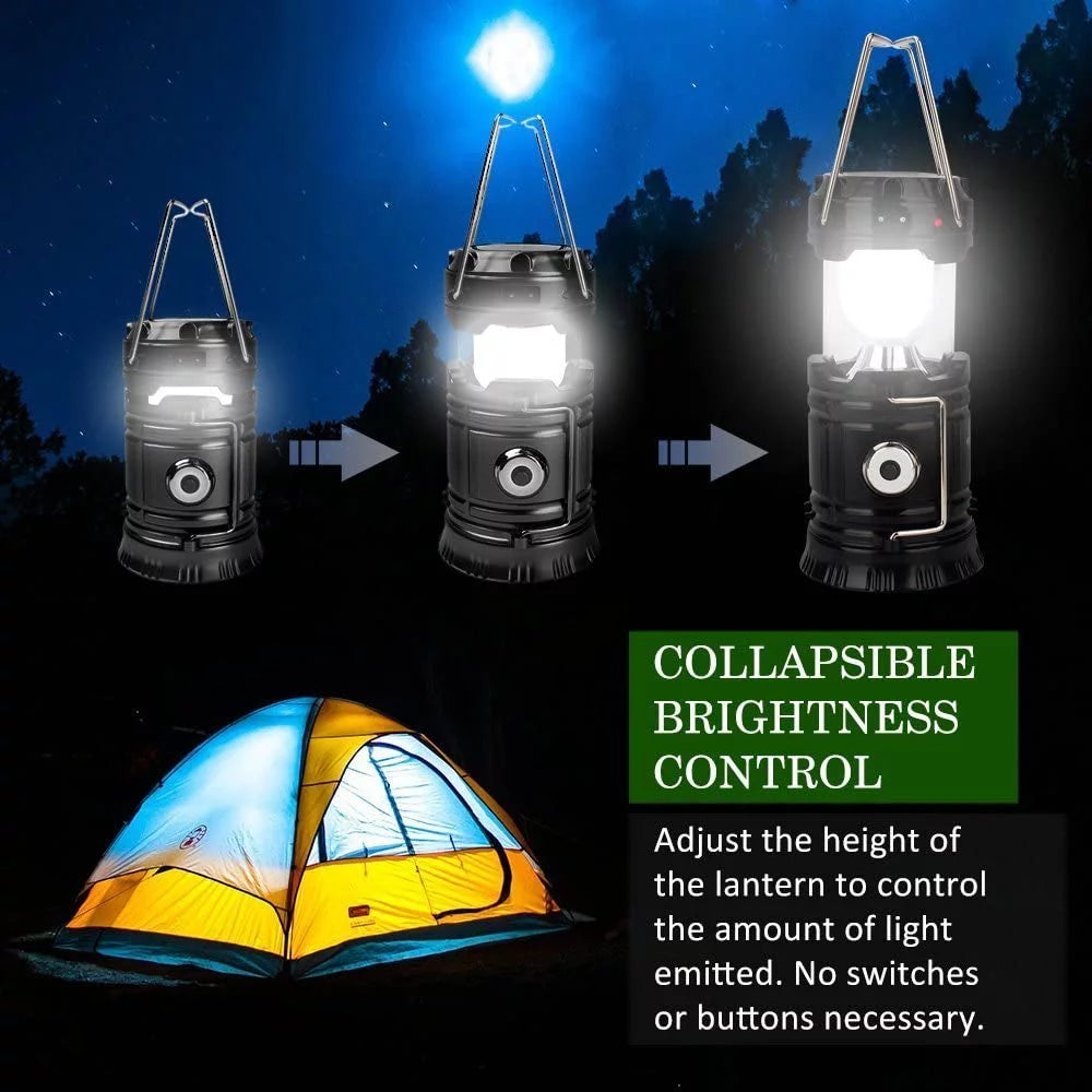 2 Pack Solar USB Rechargeable Brightest COB LED Camping Lantern , Charging for Android, Waterproof Collapsible Emergency LED Light - Black